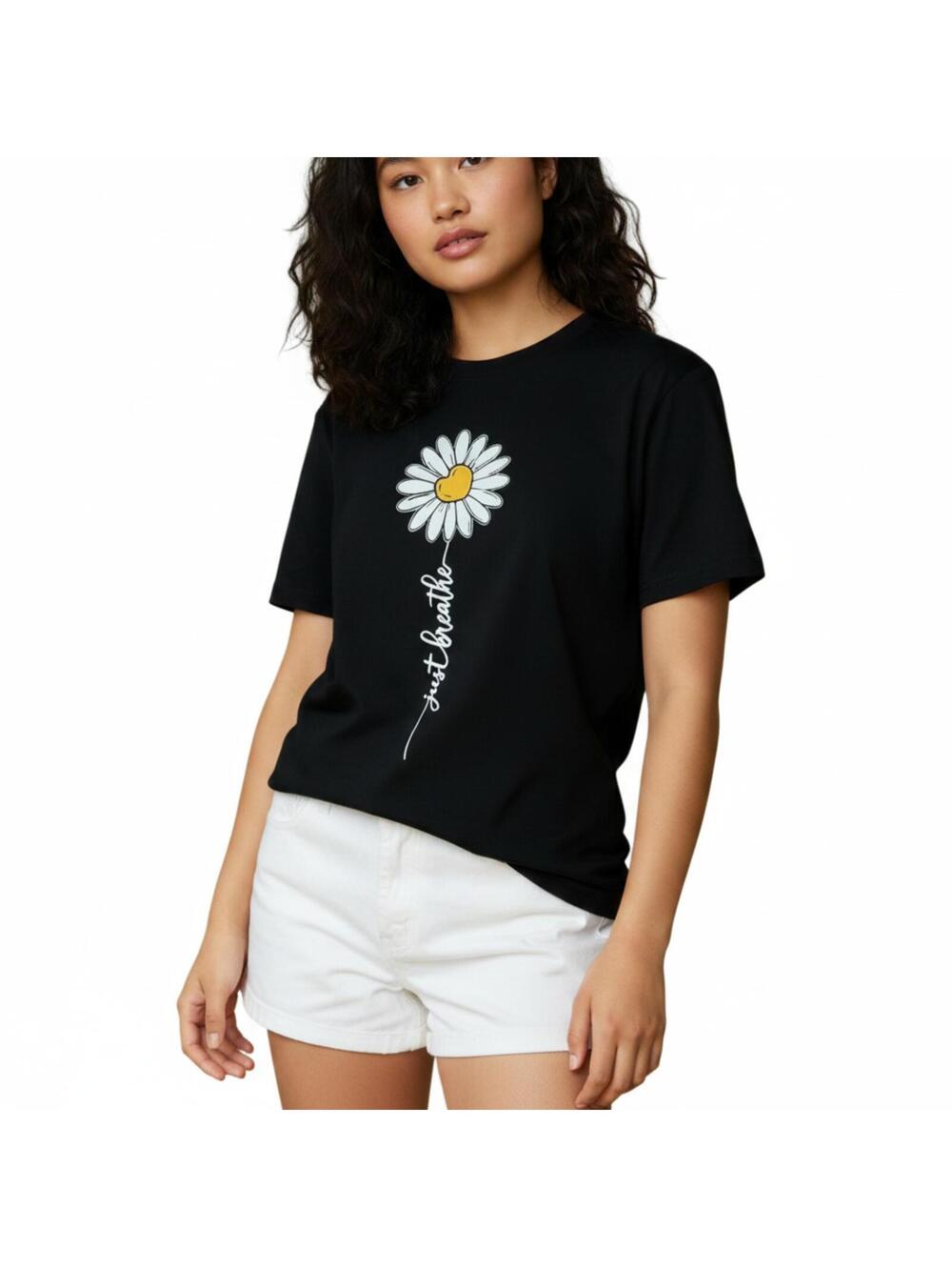 NEW Black Cotton Graphic T-Shirt Graphic Daisy and Just Breathe Print, Size M
